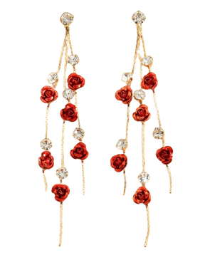 Brincos Longos Retrô com Rosa e Detalhes em Strass