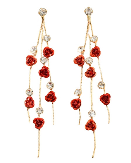 Brincos Longos Retrô com Rosa e Detalhes em Strass